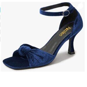 Pazzion Blue Bows Square Toe Sandals Soft Velvet High Heel Ankle Strap Shoes